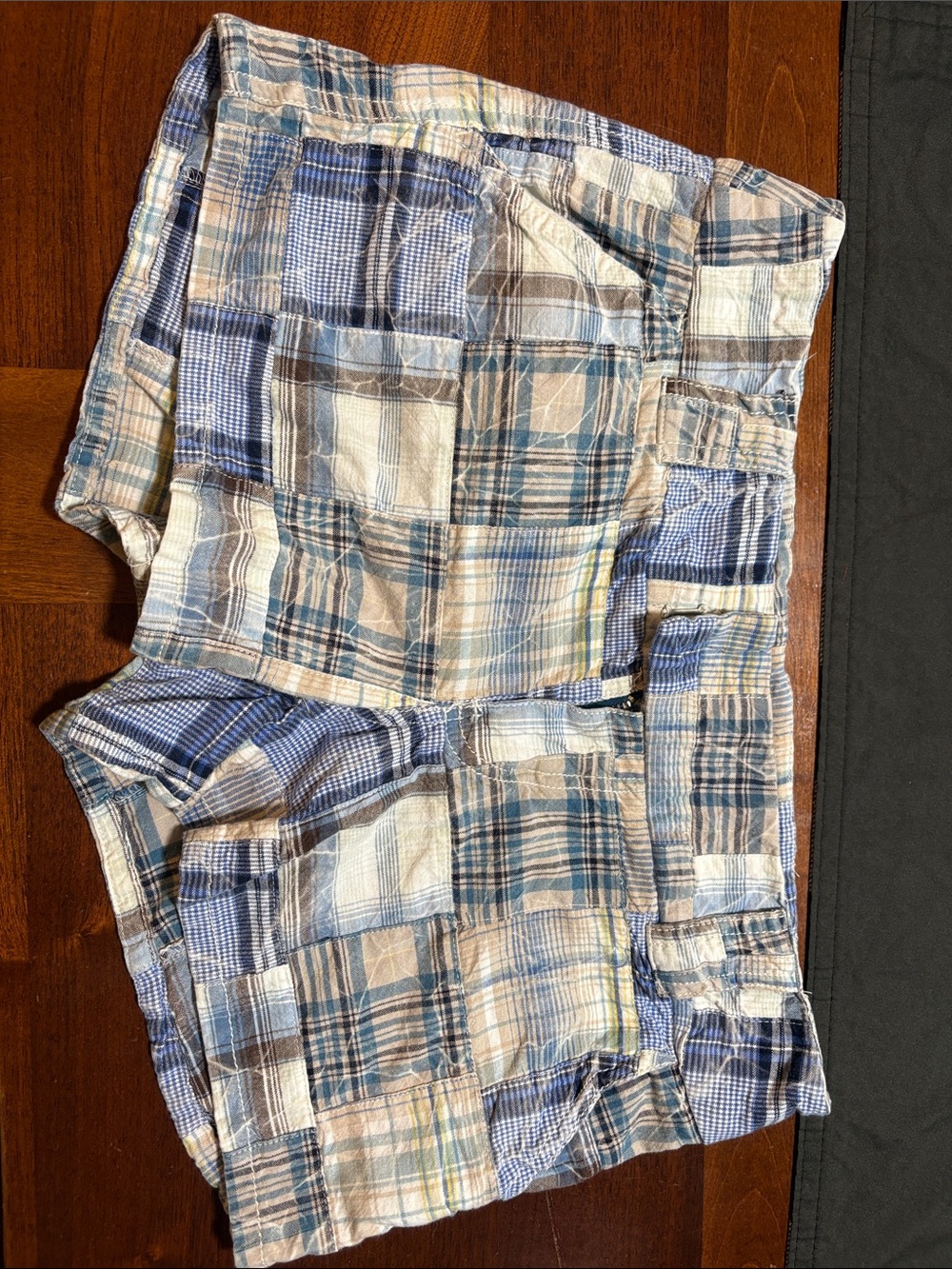 Y2K BeBop Patchwork Plaid Front Shorts in Blue and Tan Short- Junior’s Size 9